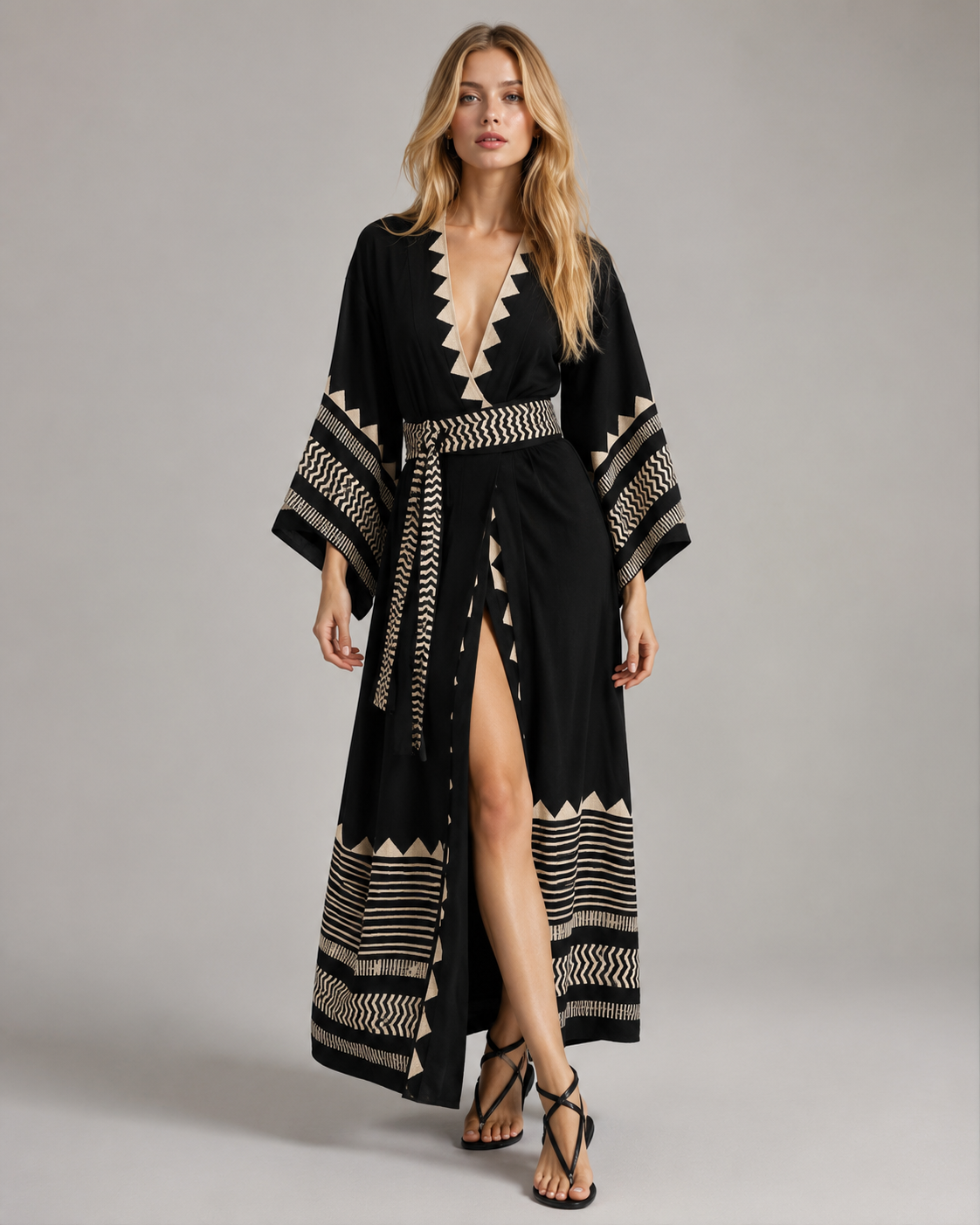 Kimono long noir à motif géométriques