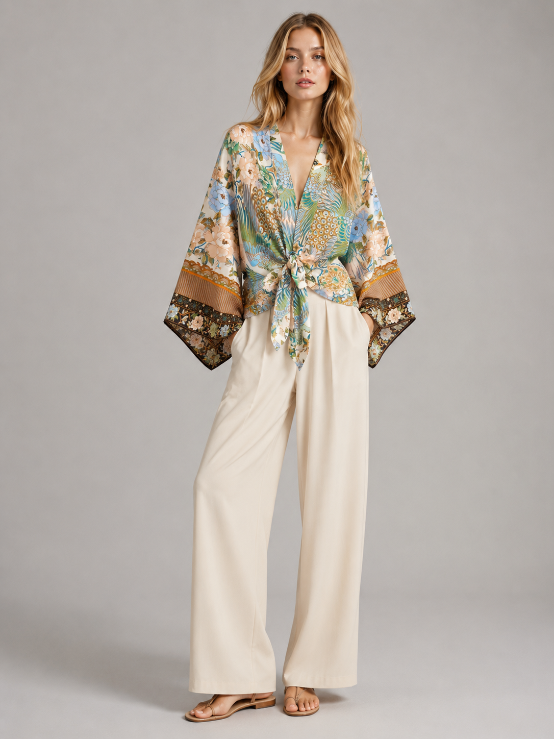 Kimono court cache-cœur à motif paon & pivoine