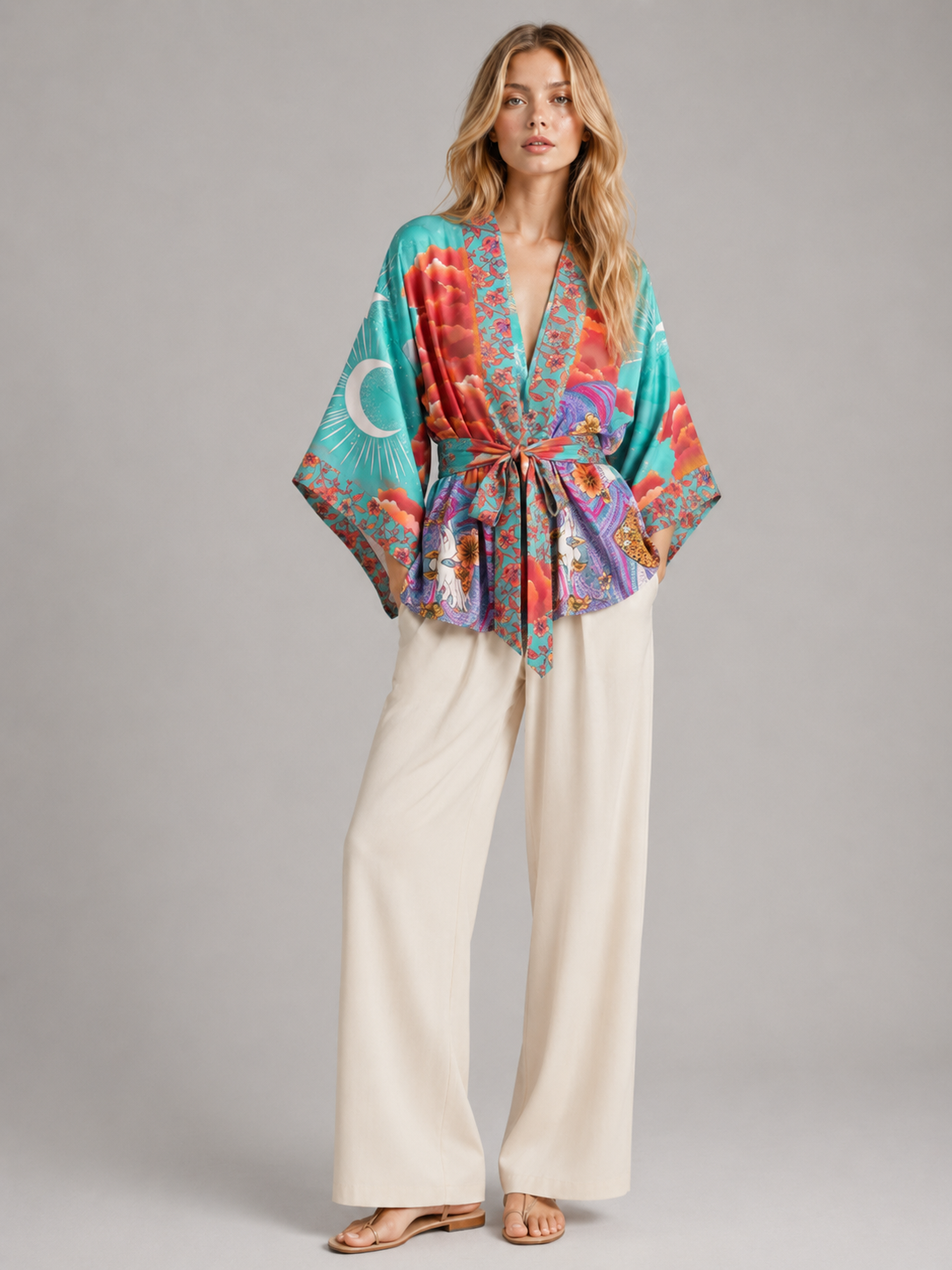 Kimono court turquoise lune et nuages