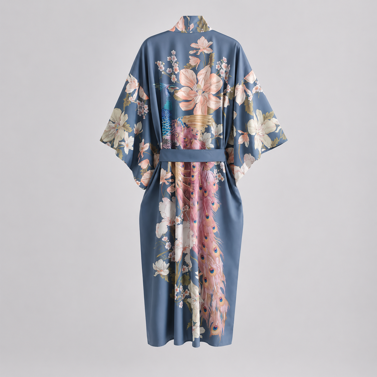 Kimono long bleu pâle à motifs fleuris