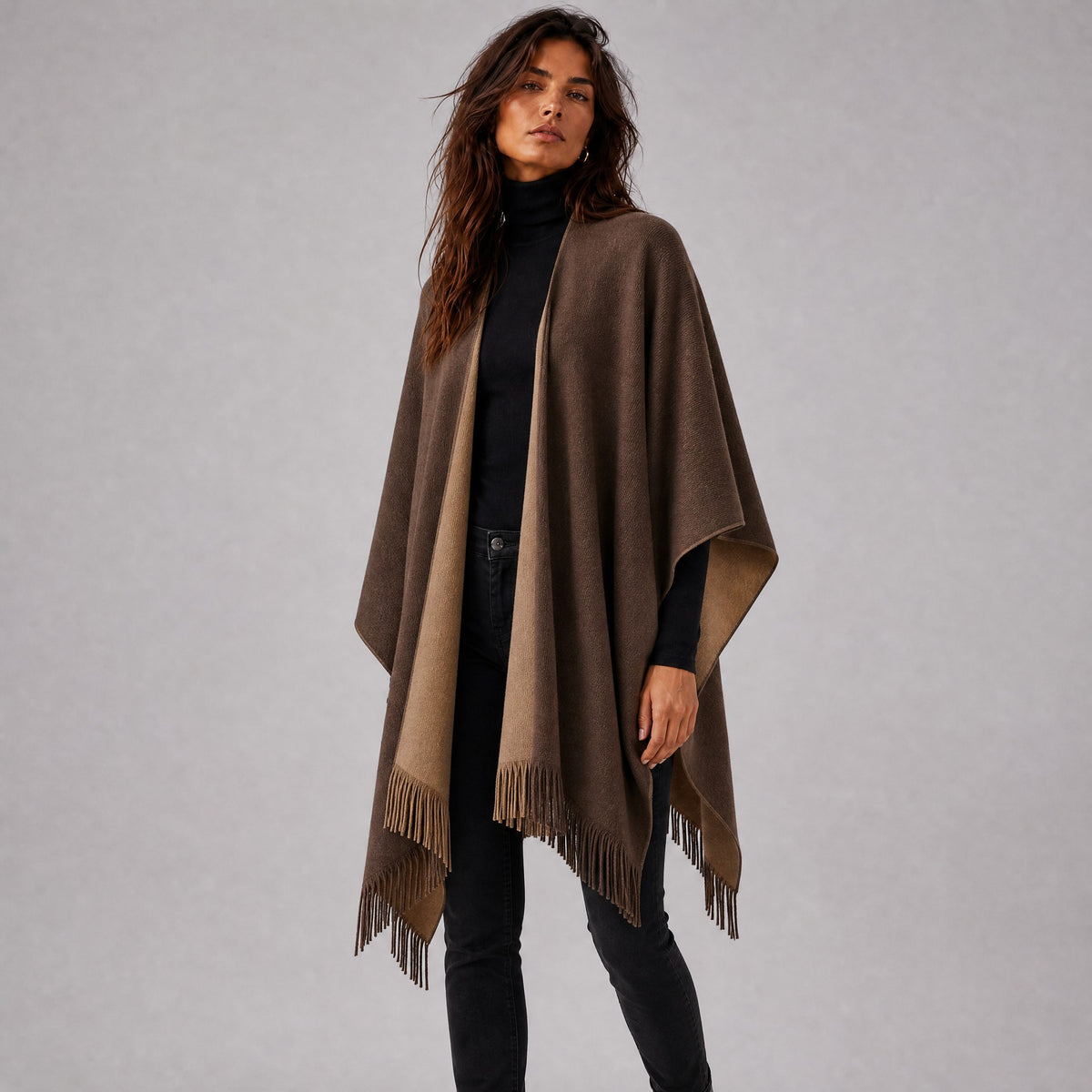 Poncho Cape à Franges Femme marron, vue de face