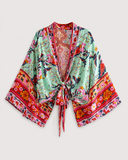 Kimono court cache-cœur vert à motif fleuri