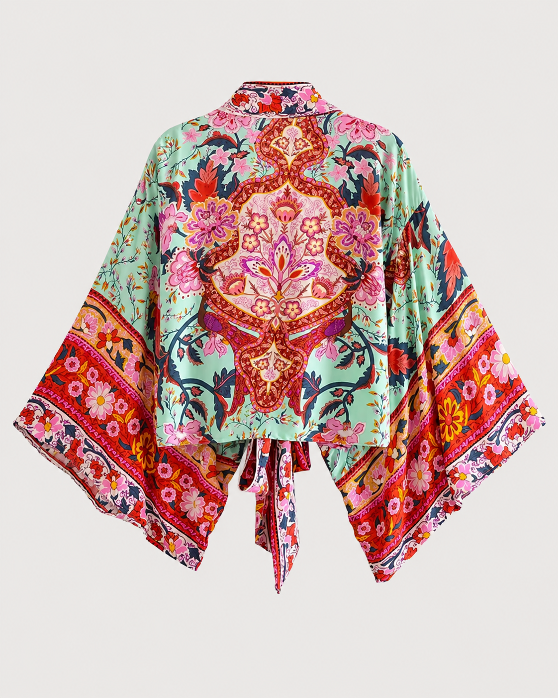 Kimono court cache-cœur vert à motif fleuri