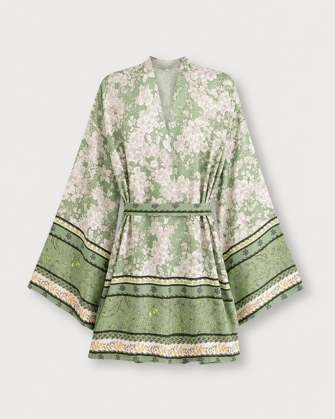Kimono court vert sauge à motifs floraux