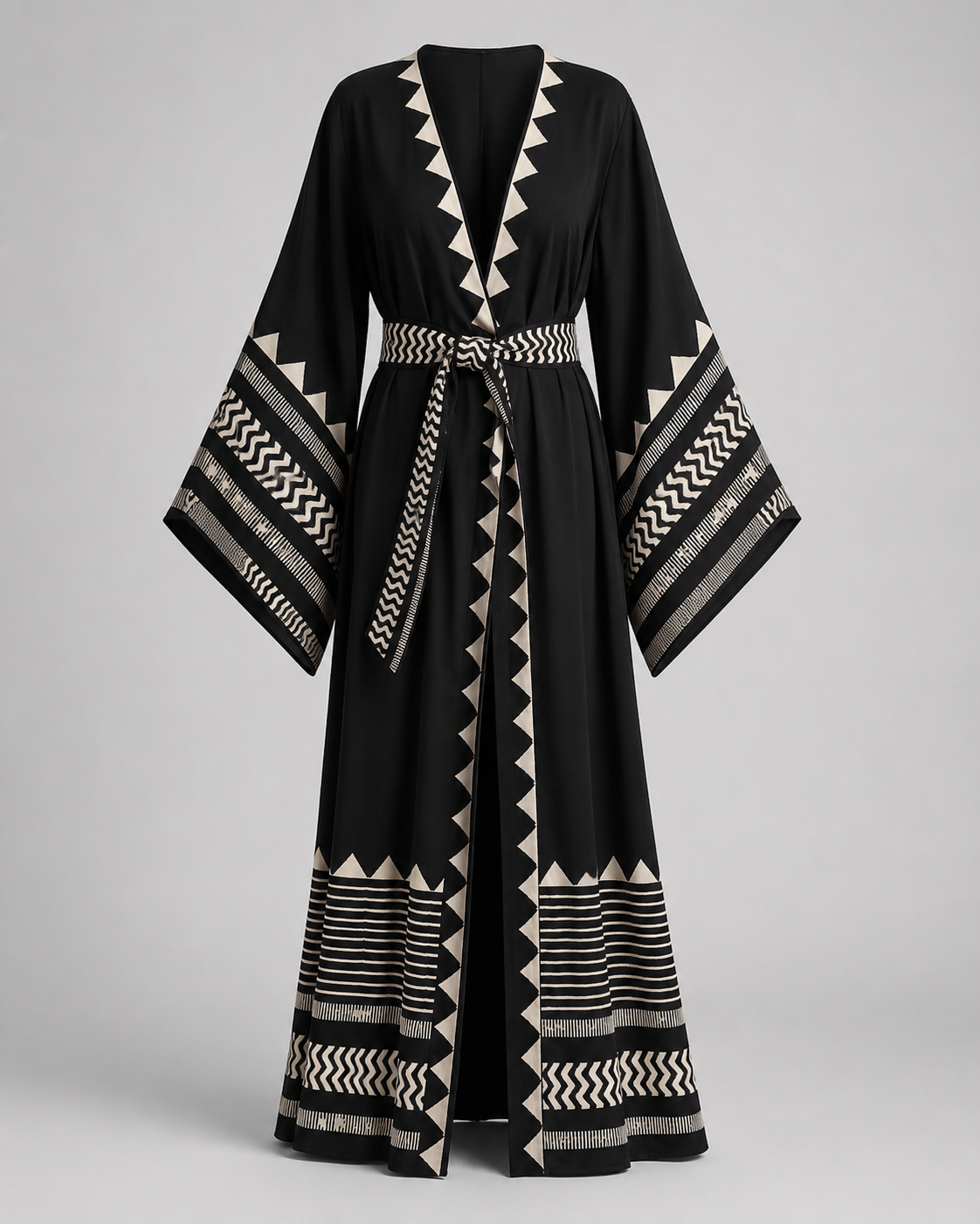 Kimono long noir à motif géométriques