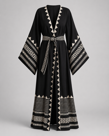 Kimono long noir à motif géométriques