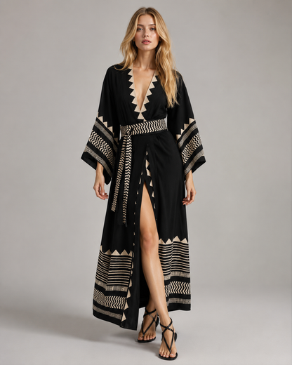 Kimono long noir à motif géométriques