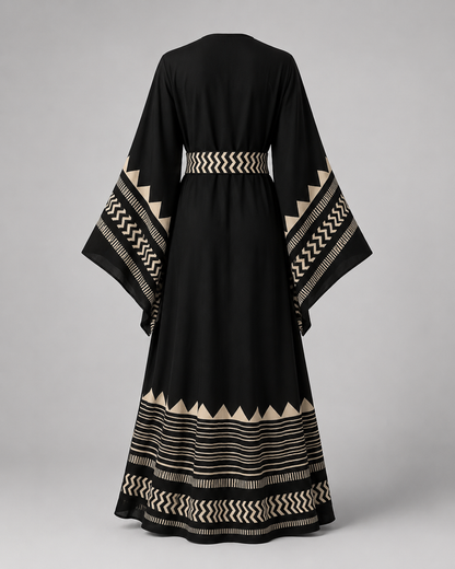 Kimono long noir à motif géométriques