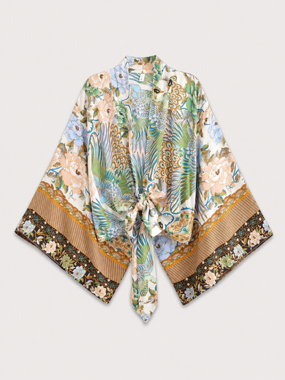 Kimono court cache-cœur à motif paon & pivoine