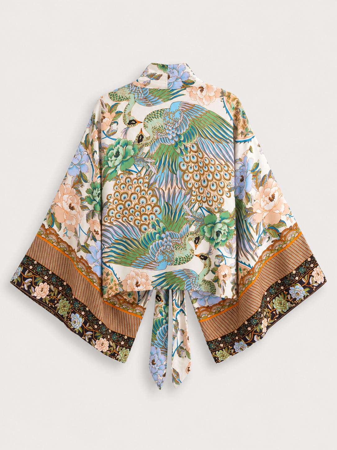 Kimono court cache-cœur à motif paon & pivoine