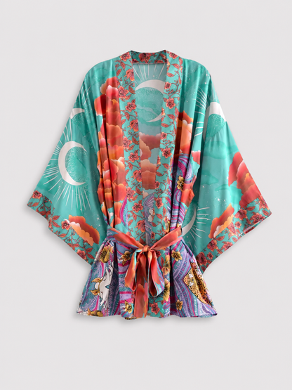 Kimono court turquoise lune et nuages