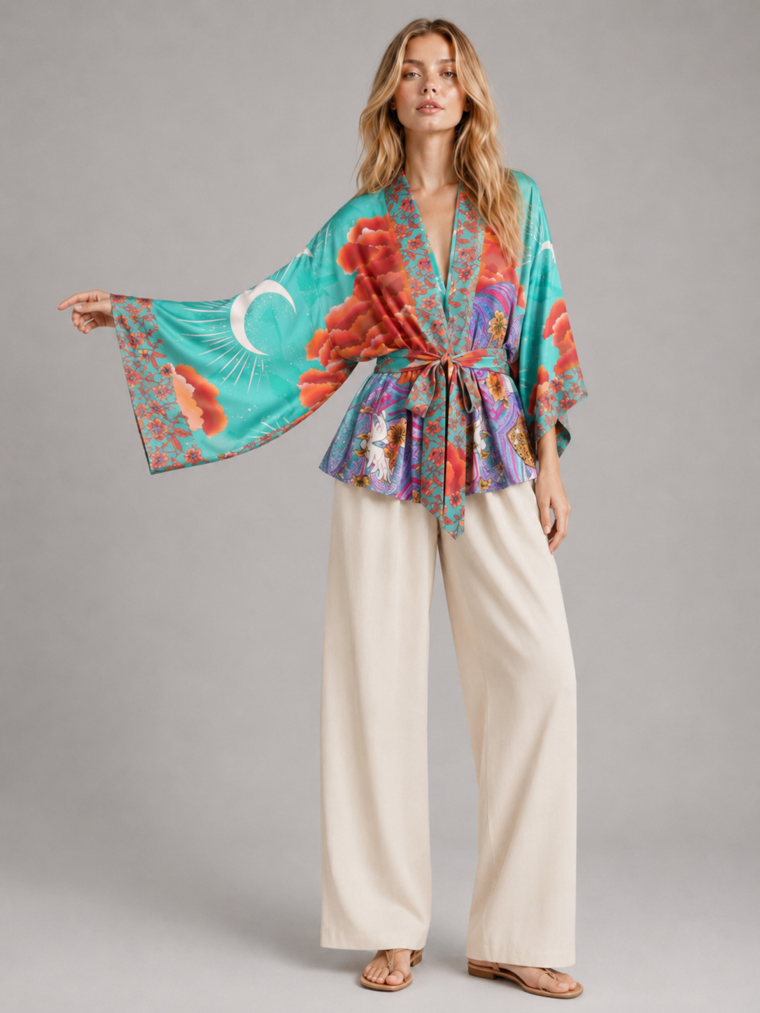 Kimono court turquoise lune et nuages