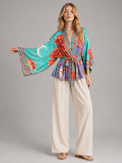 Kimono court turquoise lune et nuages