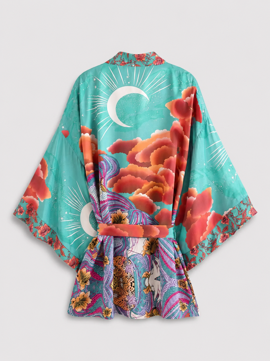 Kimono court turquoise lune et nuages