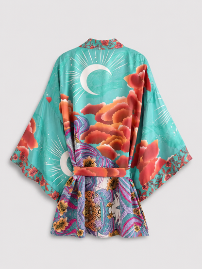 Kimono court turquoise lune et nuages