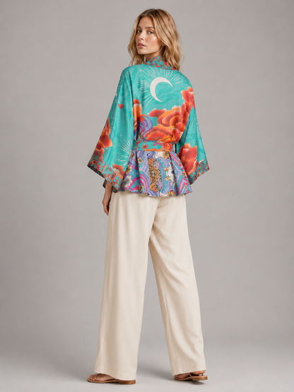 Kimono court turquoise lune et nuages