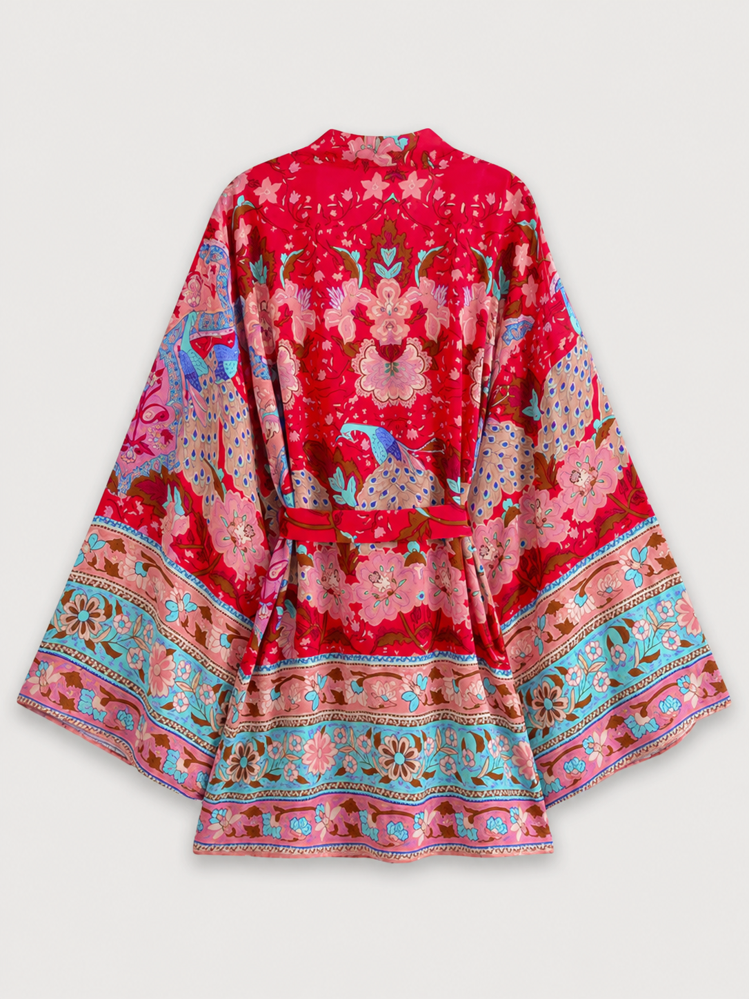 Kimono court rouge aux motifs floraux et paons