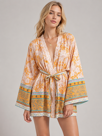 Kimono court à dominante ocre