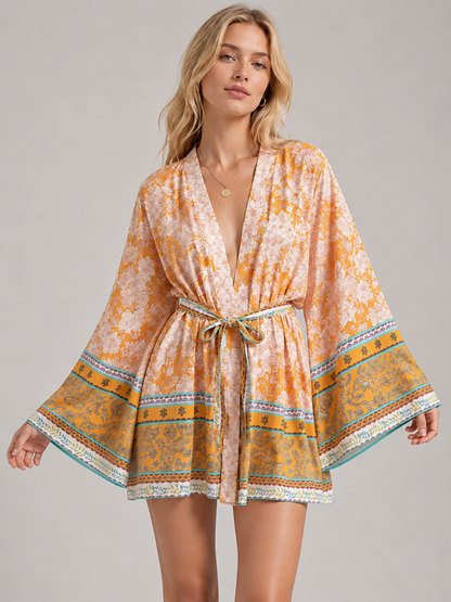 Kimono court à dominante ocre