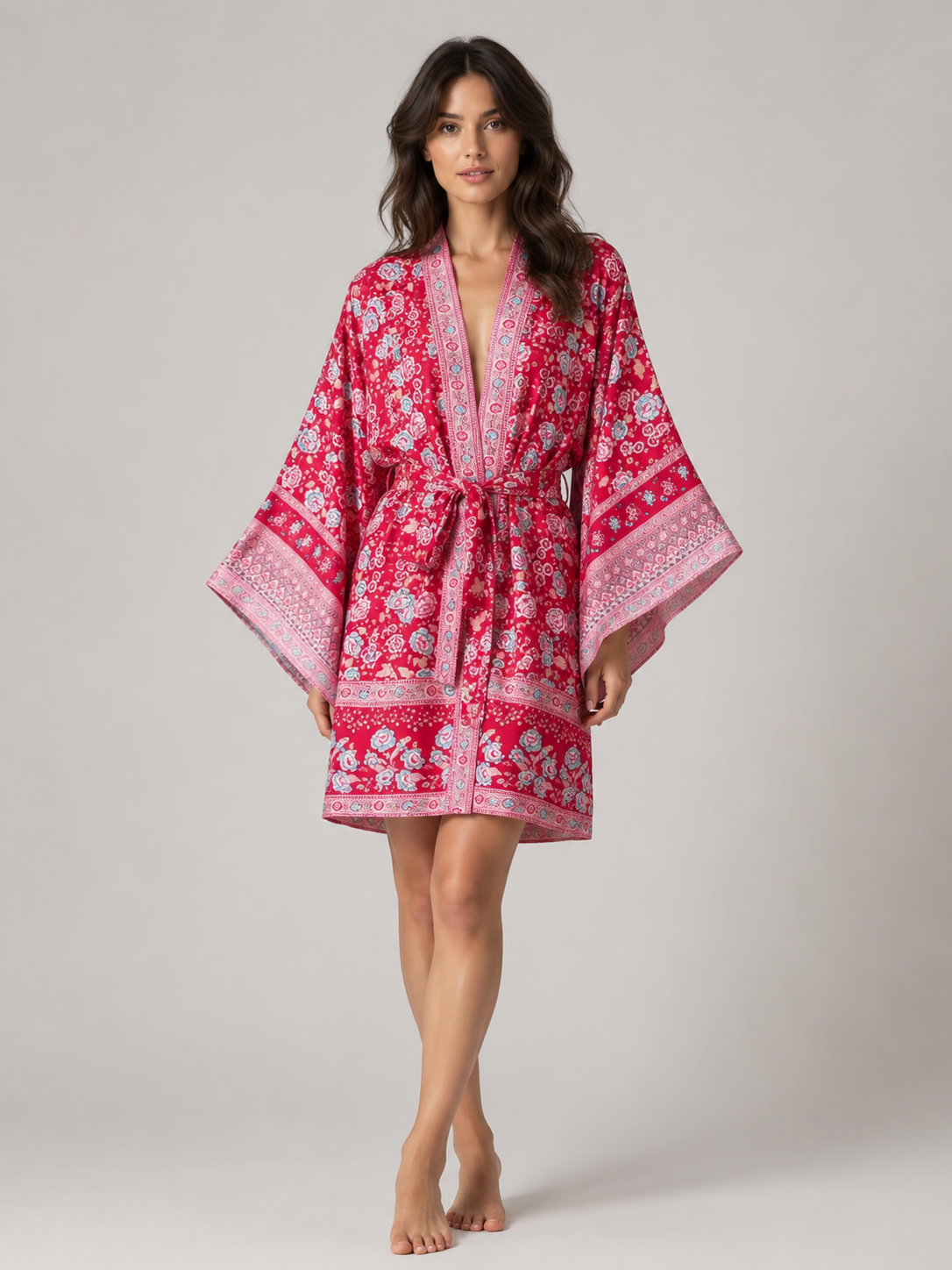 Kimono long rouge à motifs floraux