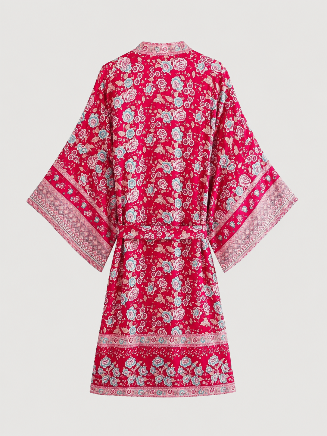 Kimono long rouge à motifs floraux