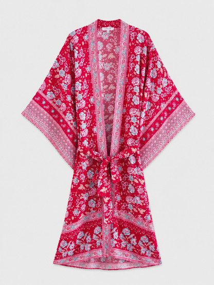Kimono long rouge à motifs floraux