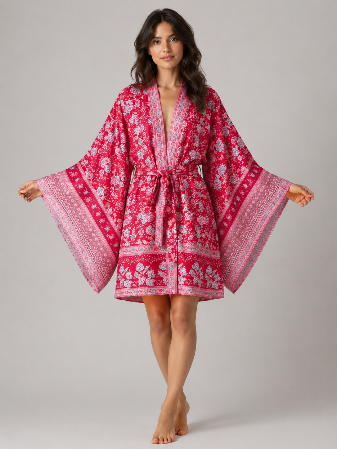 Kimono long rouge à motifs floraux