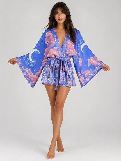 Kimono court bohème lune violette et nuages