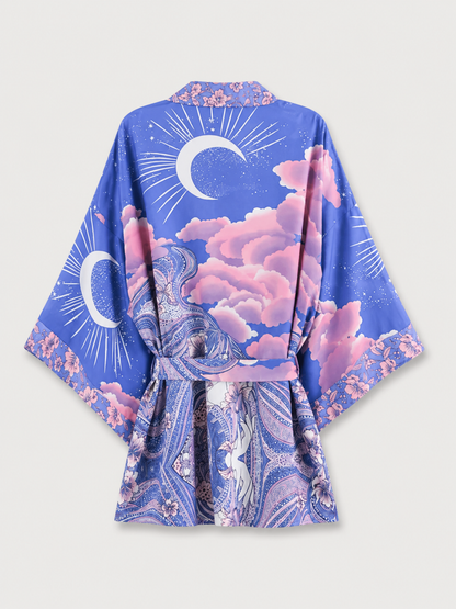 Kimono court bohème lune violette et nuages