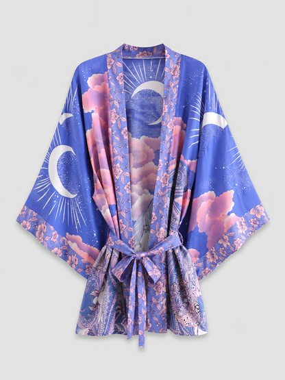 Kimono court bohème lune violette et nuages