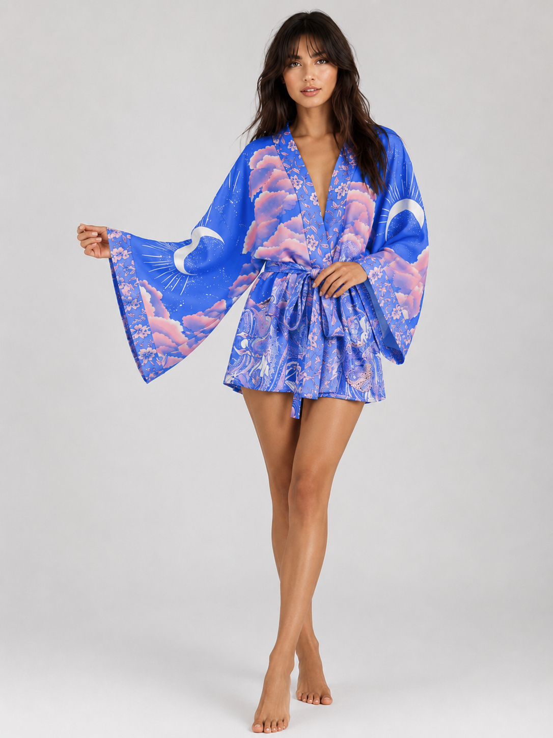 Kimono court bohème lune violette et nuages