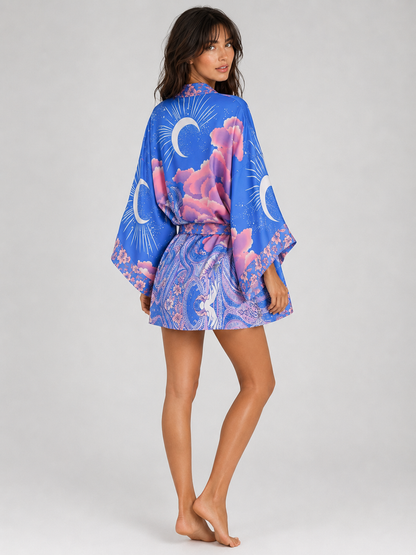 Kimono court bohème lune violette et nuages