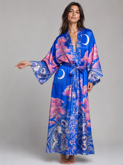 Kimono long bohème lune violette et nuages