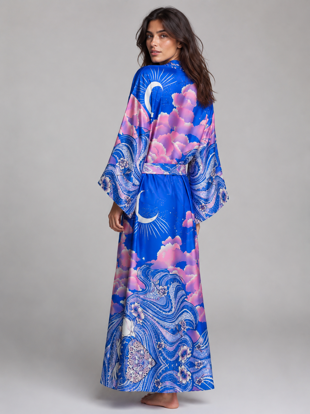 Kimono long bohème lune violette et nuages