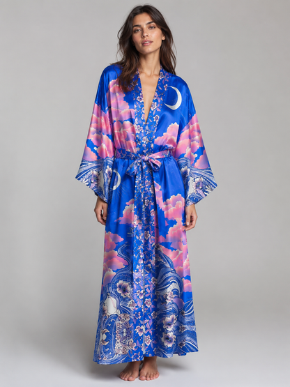 Kimono long bohème lune violette et nuages