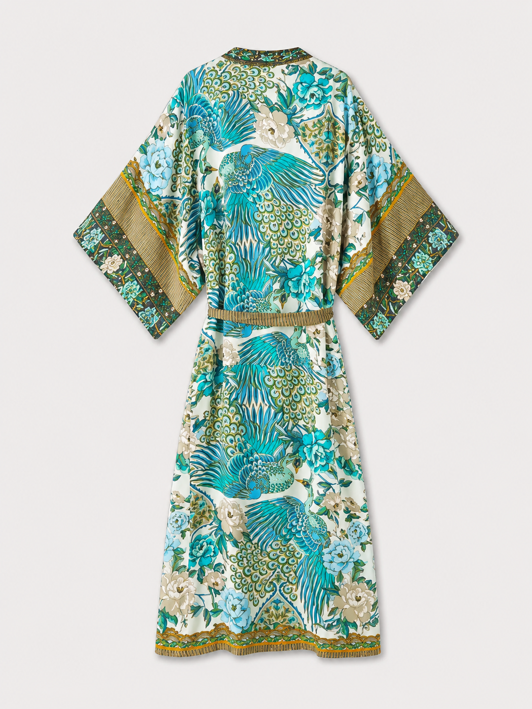Kimono long aux motifs floraux de paon