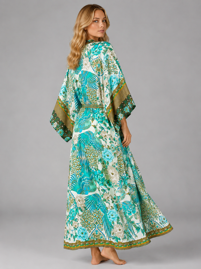 Kimono long aux motifs floraux de paon