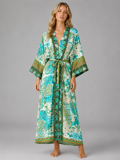 Kimono long aux motifs floraux de paon