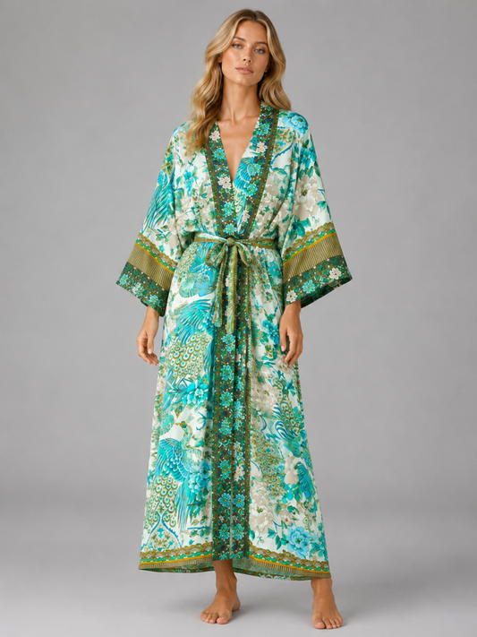 Kimono long aux motifs floraux de paon