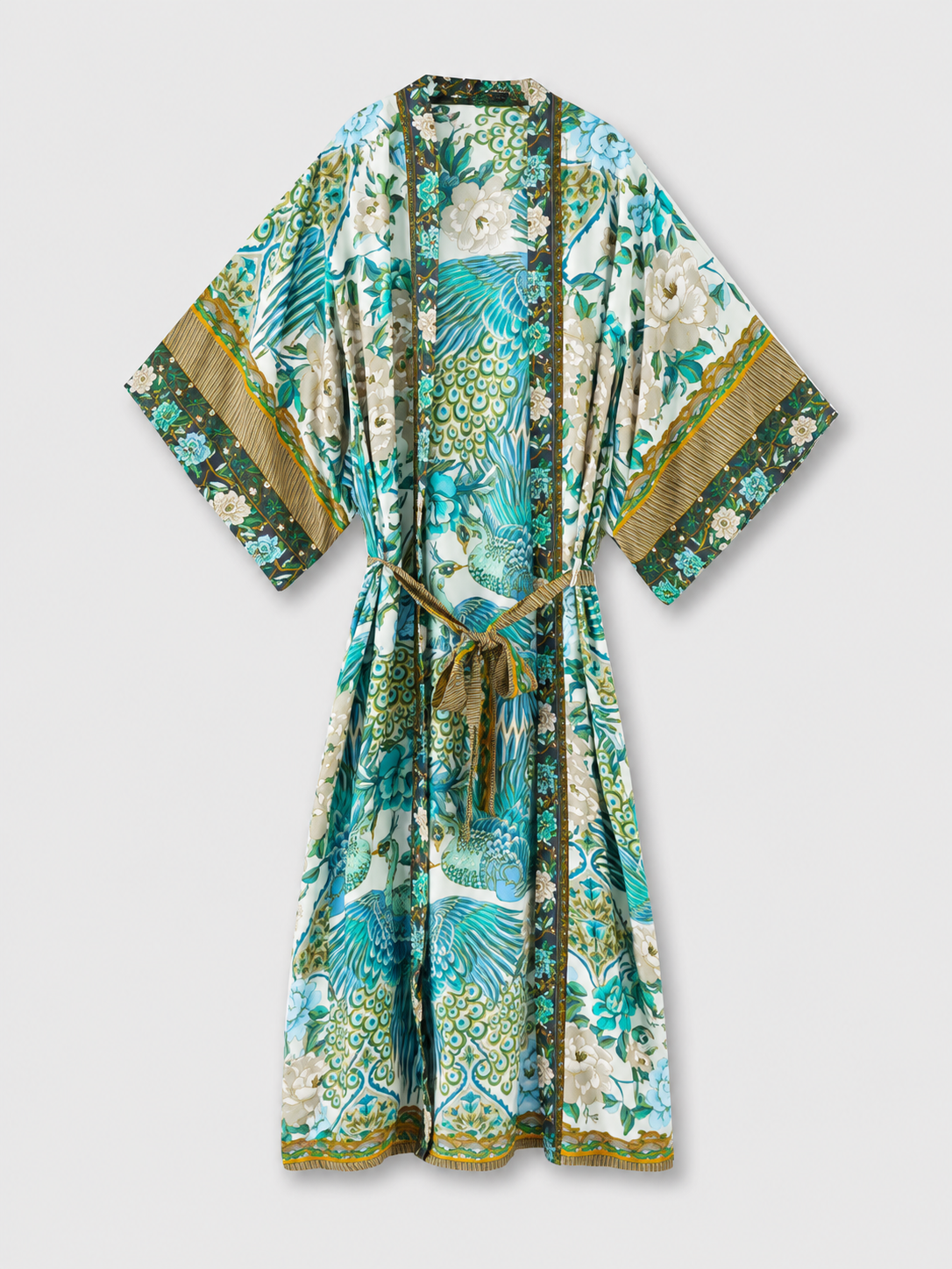 Kimono long aux motifs floraux de paon