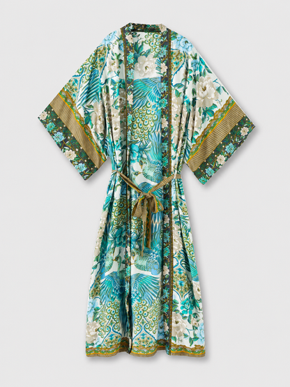 Kimono long aux motifs floraux de paon