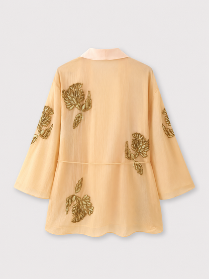 Kimono beige brodé et perlé pour femme