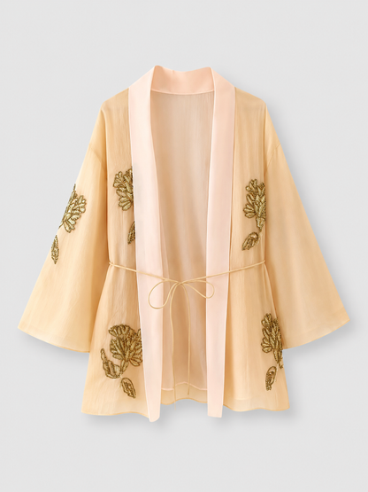 Kimono beige brodé et perlé pour femme