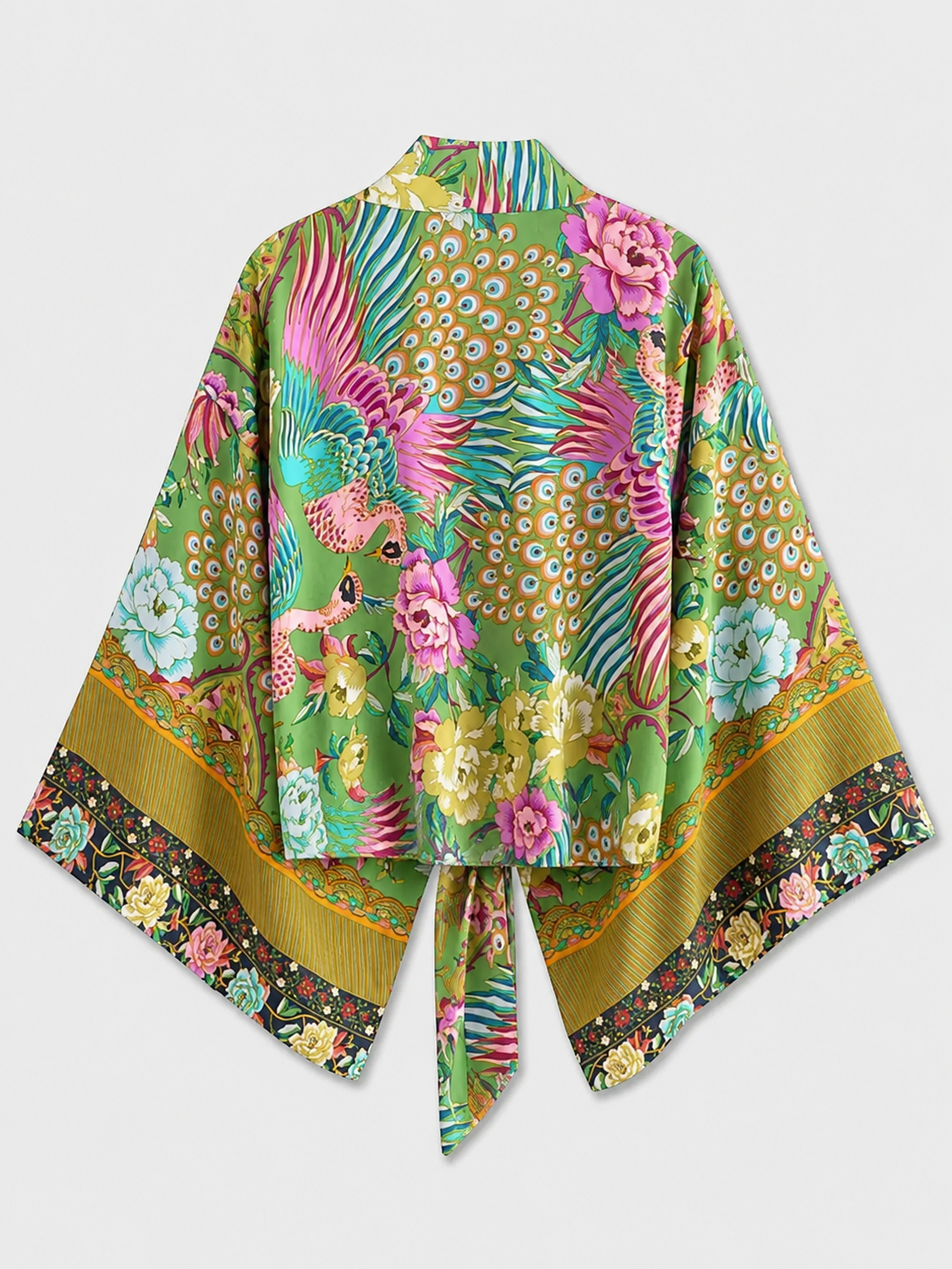 Kimono court cache-cœur à motif paon & fleurs