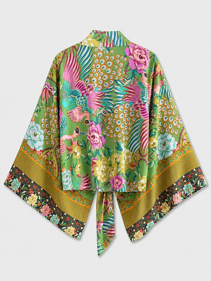 Kimono court cache-cœur à motif paon & fleurs