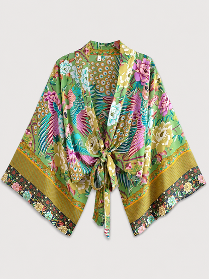 Kimono court cache-cœur à motif paon & fleurs