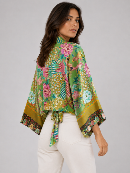 Kimono court cache-cœur à motif paon & fleurs