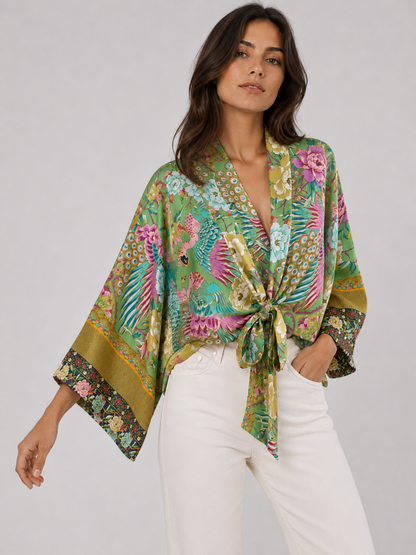Kimono court cache-cœur à motif paon & fleurs