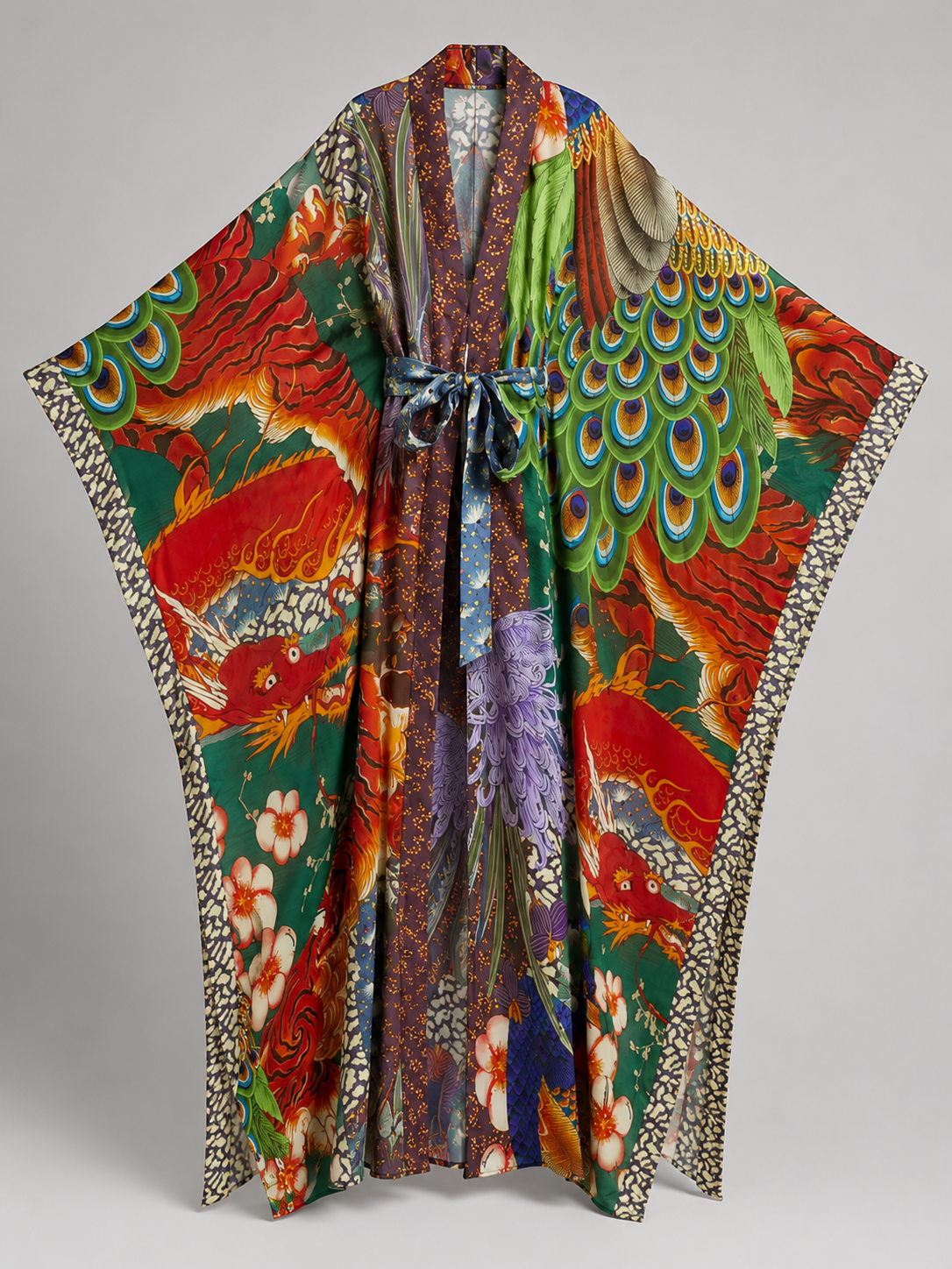 Kimono long satiné imprimé dragon et paon