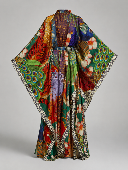 Kimono long satiné imprimé dragon et paon